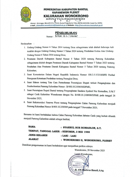 PENGUMUMAN CALON PAMONG KALURAHAN WONOKROMO JABATAN CARIK